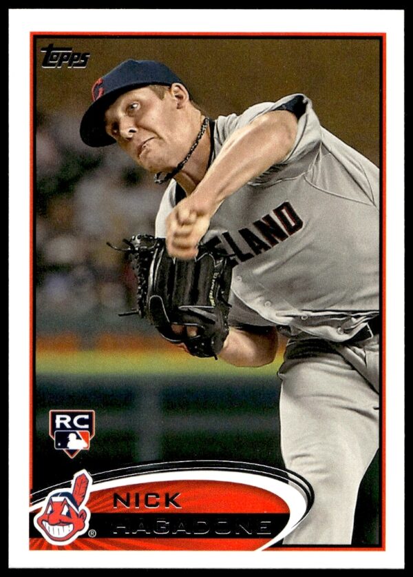 2012 Topps Baseball Card: Nick Hagadone pitching for Cleveland Indians, #6.