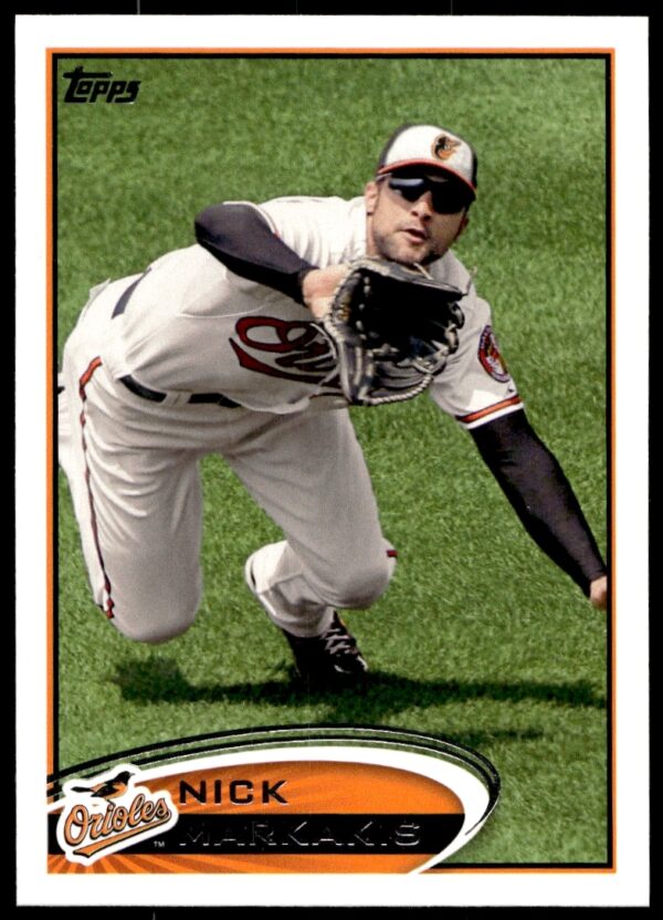Nick Markakis 2012 Topps Baseball Card #468, Baltimore Orioles, action shot, team uniform.