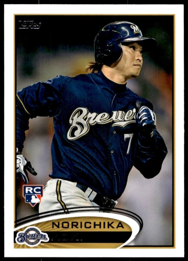 Norichika Aoki 2012 Topps Rookie Card #507, Milwaukee Brewers, Mid-Play Action Shot.