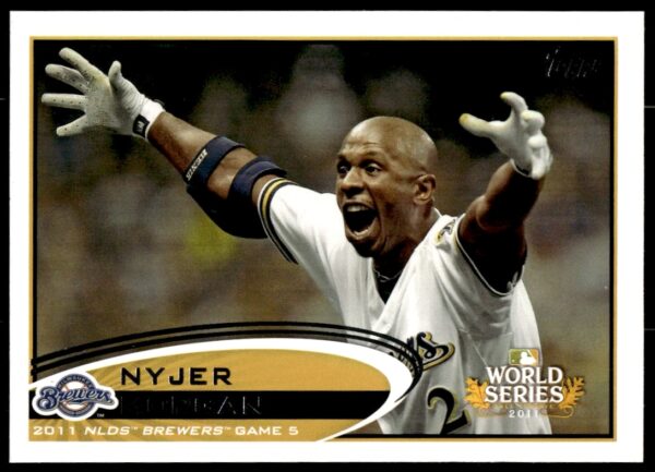 2012 Topps Nyjer Morgan baseball card, Milwaukee Brewers, card #272, action pose.