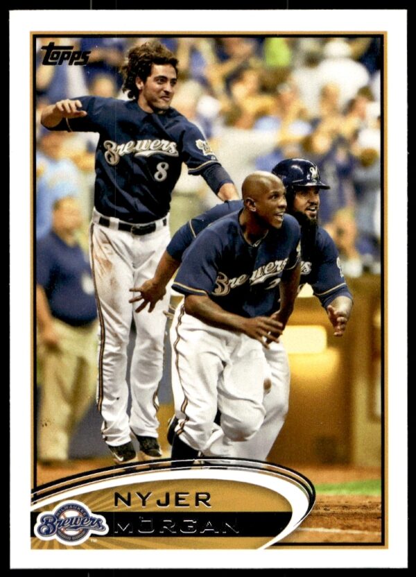 Nyjer Morgan 2012 Topps Baseball Card #66, Milwaukee Brewers, Action Shot, Front View.