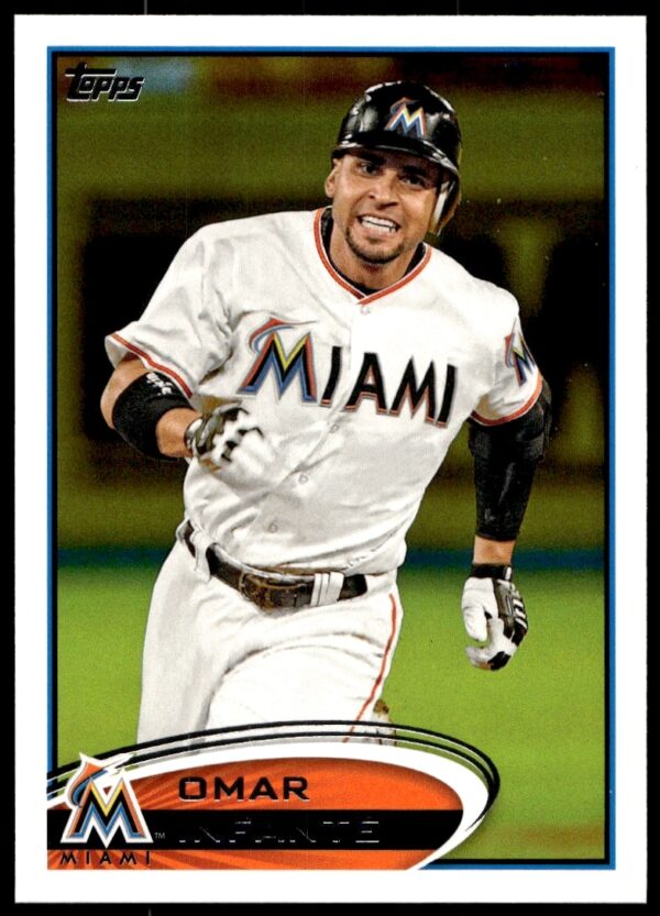 Omar Infante 2012 Topps Baseball Card #456, Miami Marlins, Action Pose.