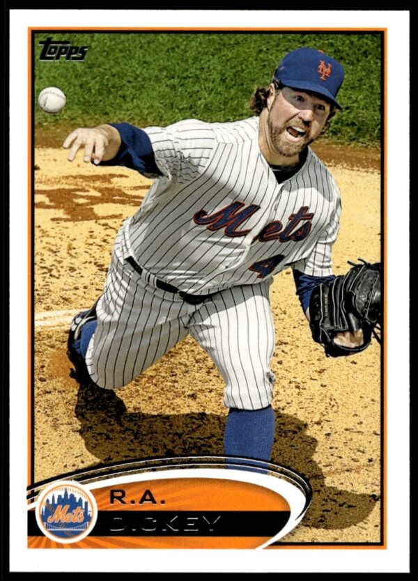 R.A. Dickey 2012 Topps Baseball Card #279, New York Mets Pitching Action.