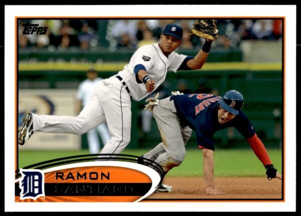 Ramon Santiago 2012 Topps card #445 in Detroit Tigers uniform, mid-action.