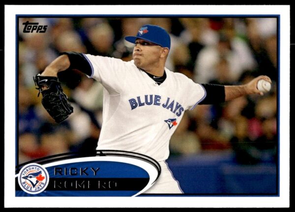 Ricky Romero 2012 Topps Card #594, Blue Jays, Action Pitch Photo.