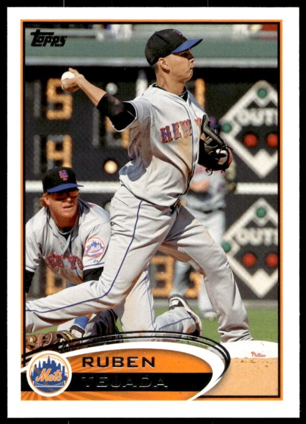 2012 Topps Baseball Card #521: Mets Ruben Tejada focused in action shot.