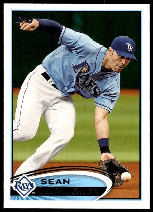 Sean Rodriguez 2012 Topps Baseball Card #628, Tampa Bay Rays, action pose.