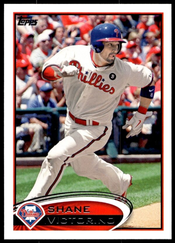 Shane Victorino 2012 Topps Phillies baseball card #449 displaying action shot.