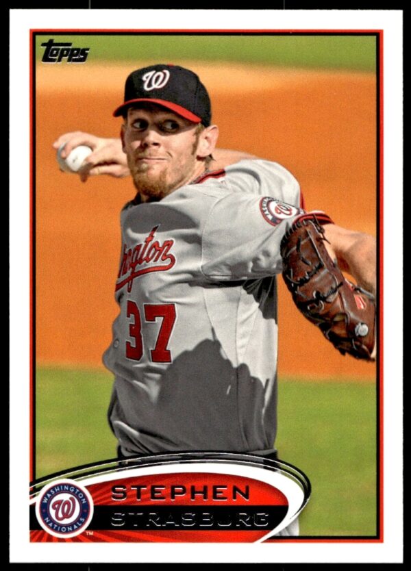 Stephen Strasburg 2012 Topps baseball card #556, Washington Nationals, mid-pitch action shot.