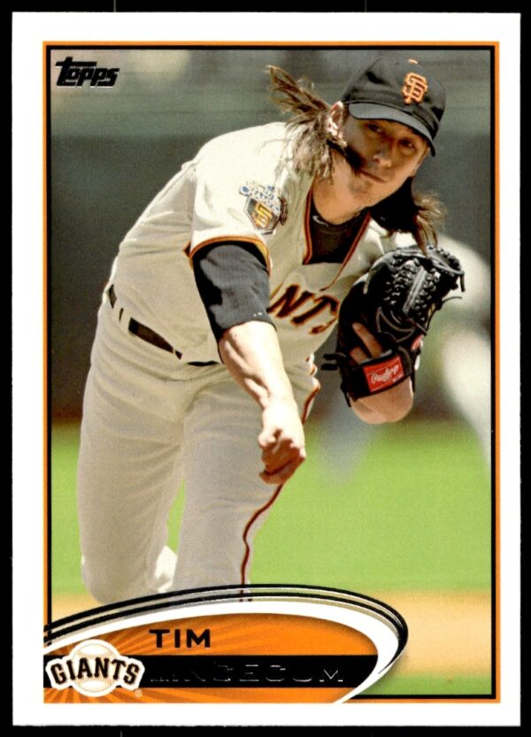 Tim Lincecum 2012 Topps Baseball Card #349, San Francisco Giants pitcher action shot.