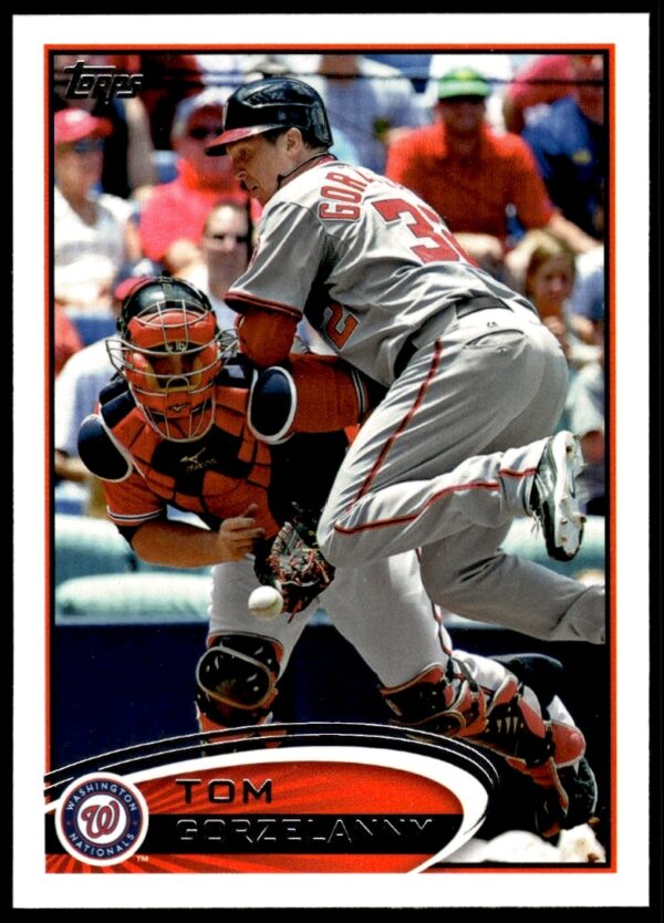 Tom Gorzelanny 2012 Topps #204 baseball card, featuring pitching action in Nationals uniform.