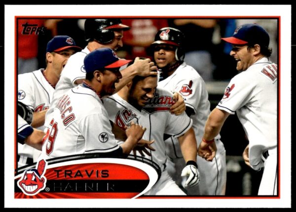 Travis Hafner 2012 Topps Baseball Card #569, Cleveland Indians, action shot with stats.