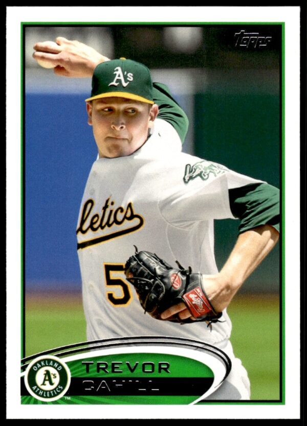 2012 Topps Trevor Cahill card front: action pitch, team uniform, card #2.