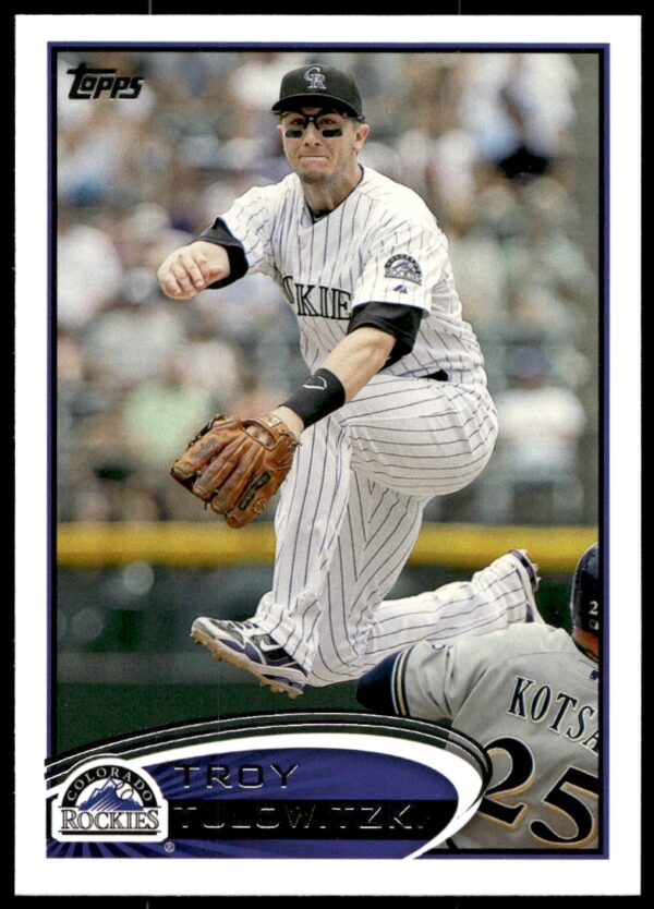 Troy Tulowitzki 2012 Topps Baseball Card #140 showing Colorado Rockies action.