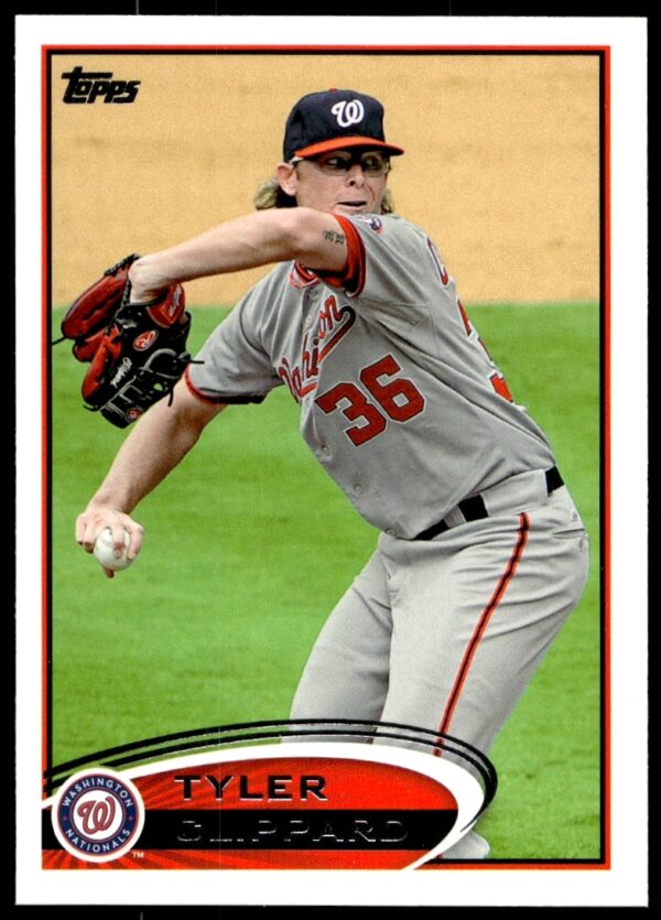 Topps 2012 Baseball Card #503 Tyler Clippard pitching in Nationals uniform.