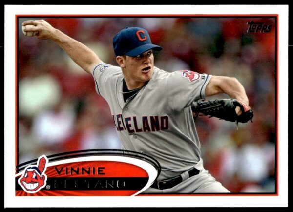 Vinnie Pestano 2012 Topps Baseball Card #469, Cleveland Indians pitcher mid-pitch action shot.