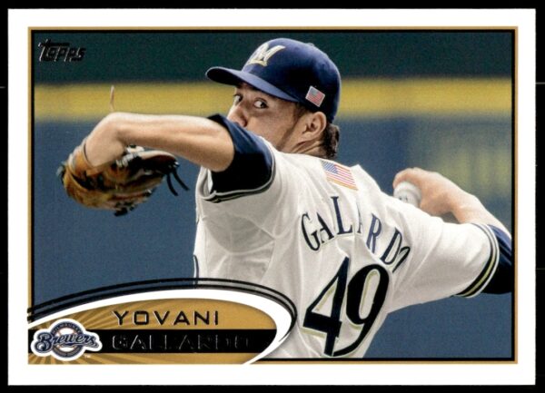 2012 Topps Baseball Card of Yovani Gallardo, Milwaukee Brewers pitcher, #654 (front view).