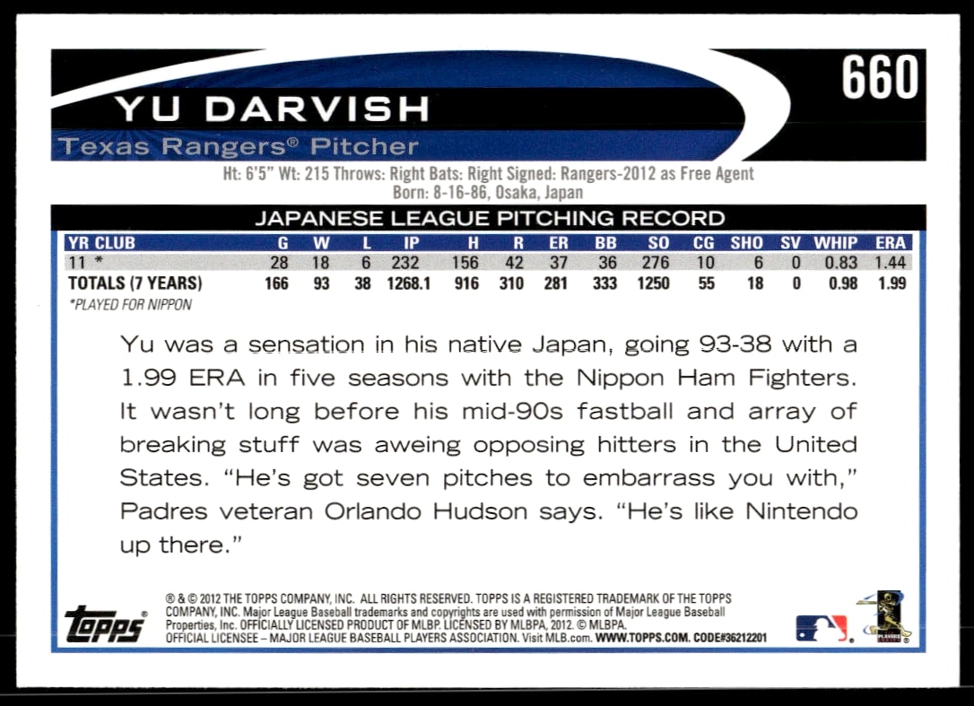 Back of 2012 Yu Darvish Topps card #660 showing stats and Texas Rangers affiliation.