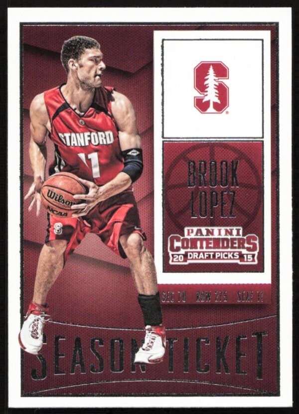 Front of 2015-16 Panini Contenders card #13 featuring NBAs Brook Lopez in action.