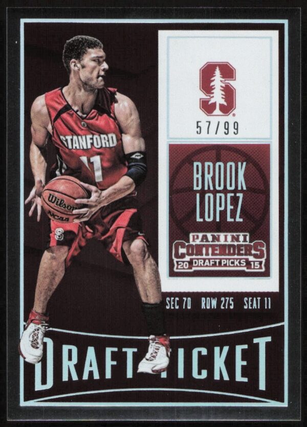 Limited edition 2015-16 Panini Brook Lopez Draft Ticket card #13 of 99, front view.