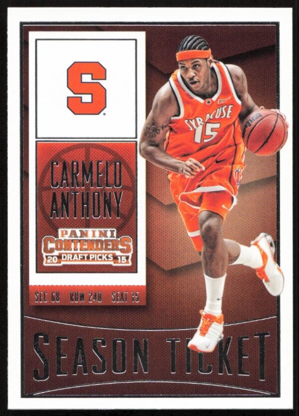 Front of 2015-16 Panini Contenders Draft Picks Carmelo Anthony trading card, number 15.