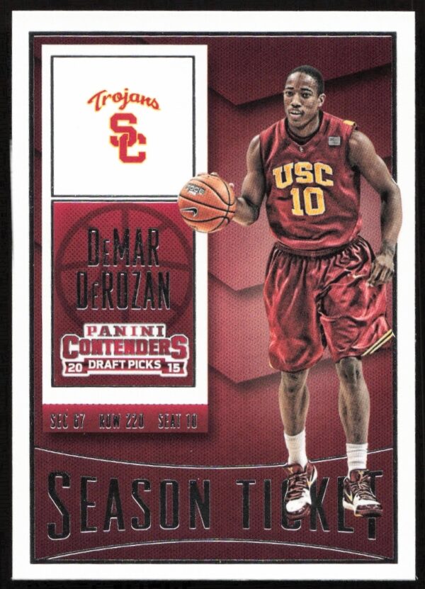 Front view of 2015-16 Panini Contenders trading card featuring DeMar DeRozan, NBA star.
