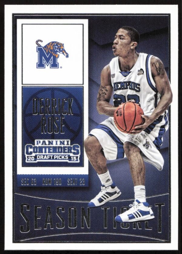 Front view of 2015-16 Panini Contenders Derrick Rose trading card, #28, showcasing his athletic prowess.