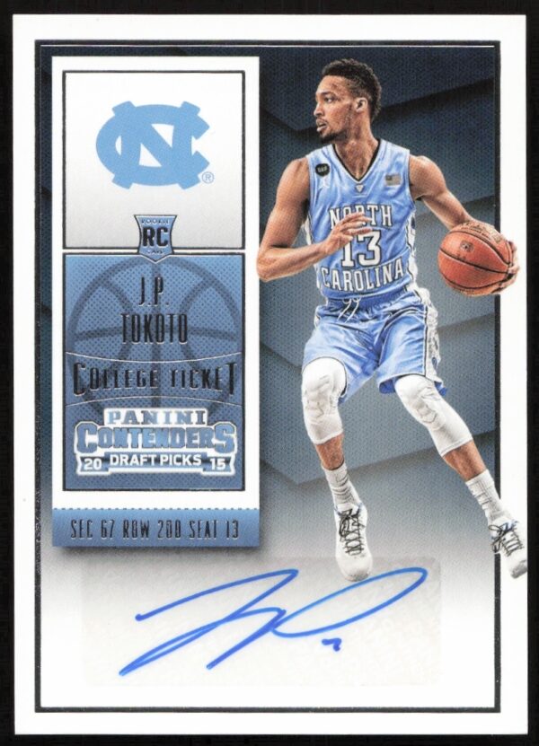 Autographed Panini Contenders card of J.P. Tokoto with collectible #117 from 2015-16 season.