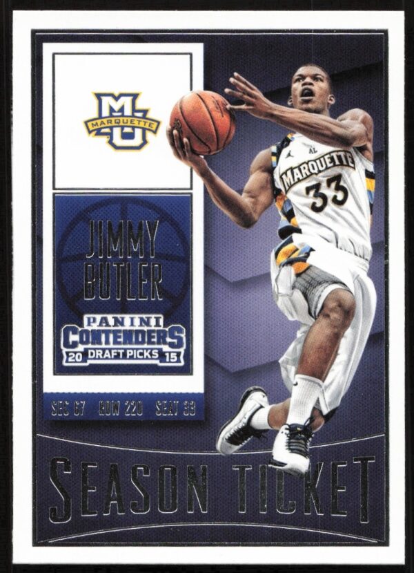 Jimmy Butler 2015-16 Panini Contenders card showing action-packed image in team uniform.