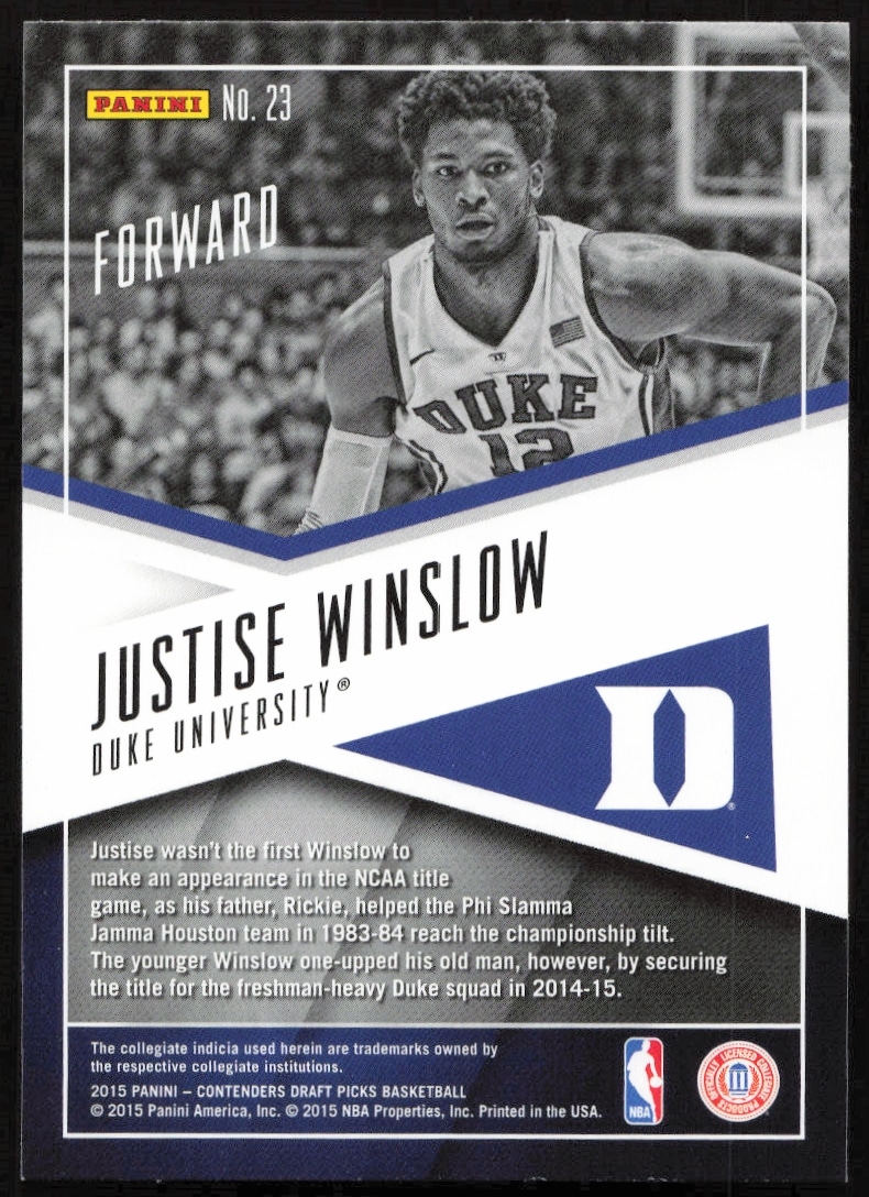 Justise Winslow 2015-16 Panini card back featuring Duke stats and college highlights.