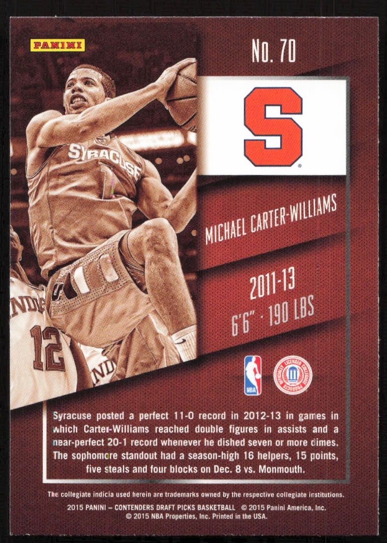 Michael Carter-Williams 2015 Panini Contenders card back with career highlights and stats.