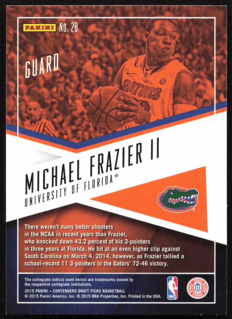 Michael Frazier II 2015-16 School Colors card back with stats and university graphics.
