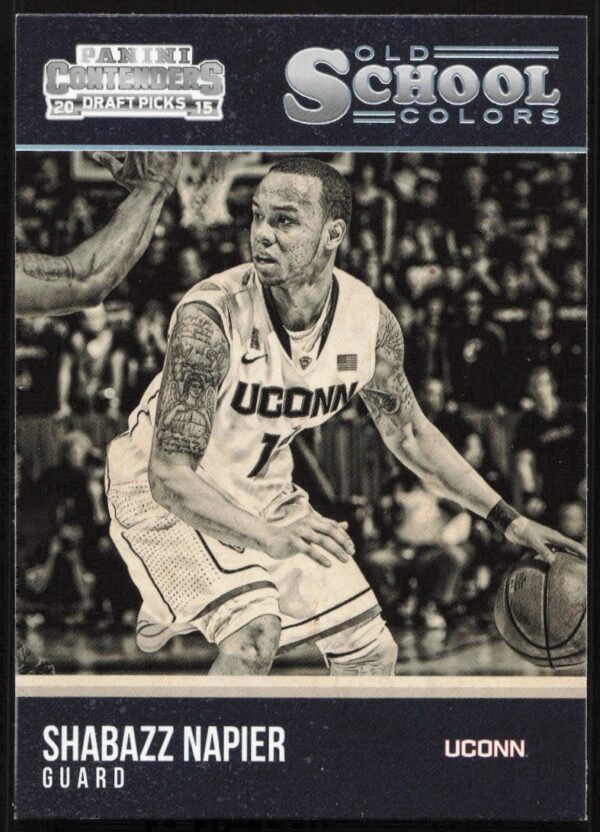 Shabazz Napier 2015-16 Panini Contenders card, Old School Colors design, wearing college basketball uniform.