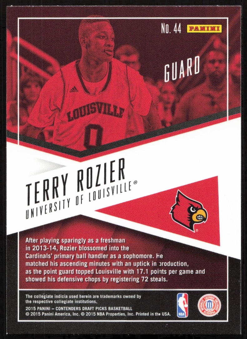 Back of Terry Roziers 2015-16 Panini Draft School Colors card featuring stats and bio.