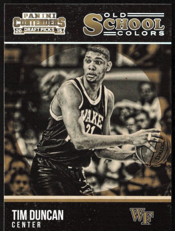 Tim Duncan 2015-16 Contenders Old School Colors card front displaying NBA legends college career.