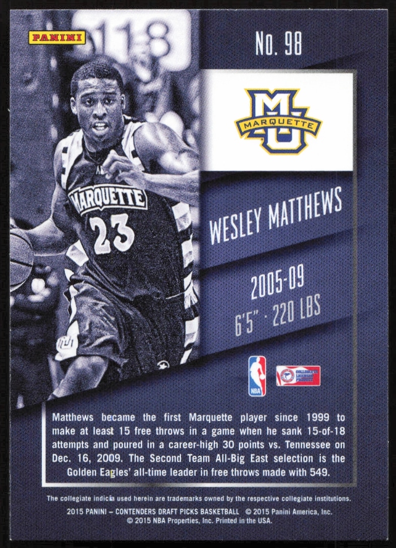 Back of 2015-16 Panini Contenders Wesley Matthews card with career stats and highlights.