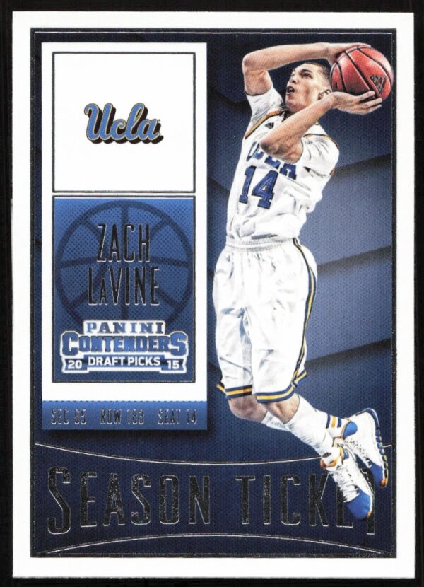 Zach LaVine on vibrant 2015-16 Panini Contenders Draft Picks card #99, showcasing athleticism.