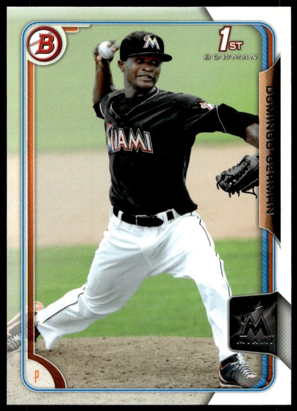 Front view of 2015 Bowman Domingo German Prospects card #BP118 in pitching pose.