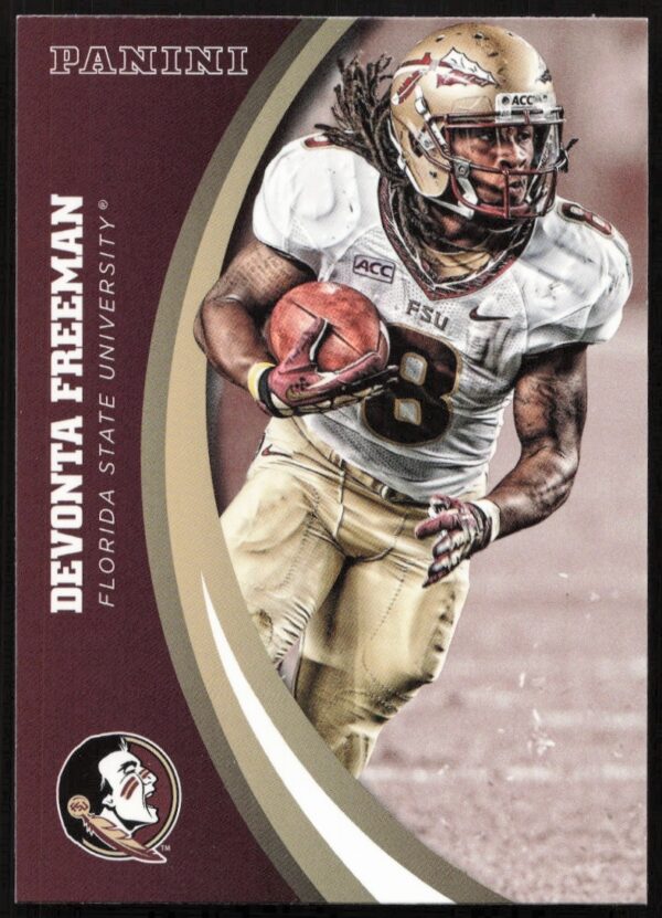 Trading card featuring Devonta Freeman in Florida State Seminoles attire from 2015 Panini collection.