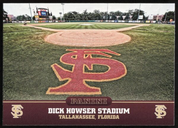 Florida State Seminoles Dick Howser Stadium sports card, showcasing vibrant game-day atmosphere, 2015 Panini.