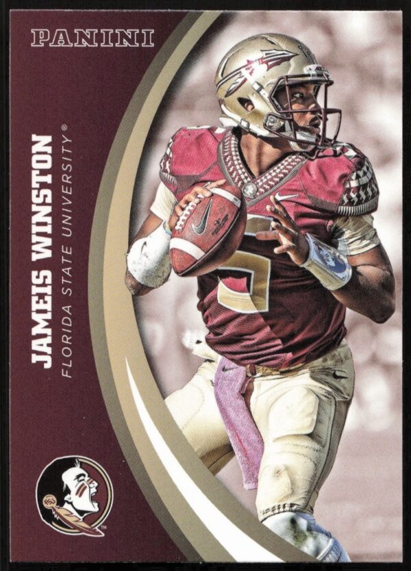 Jameis Winston 2015 Panini trading card #29, Florida State Seminoles quarterback, action shot.