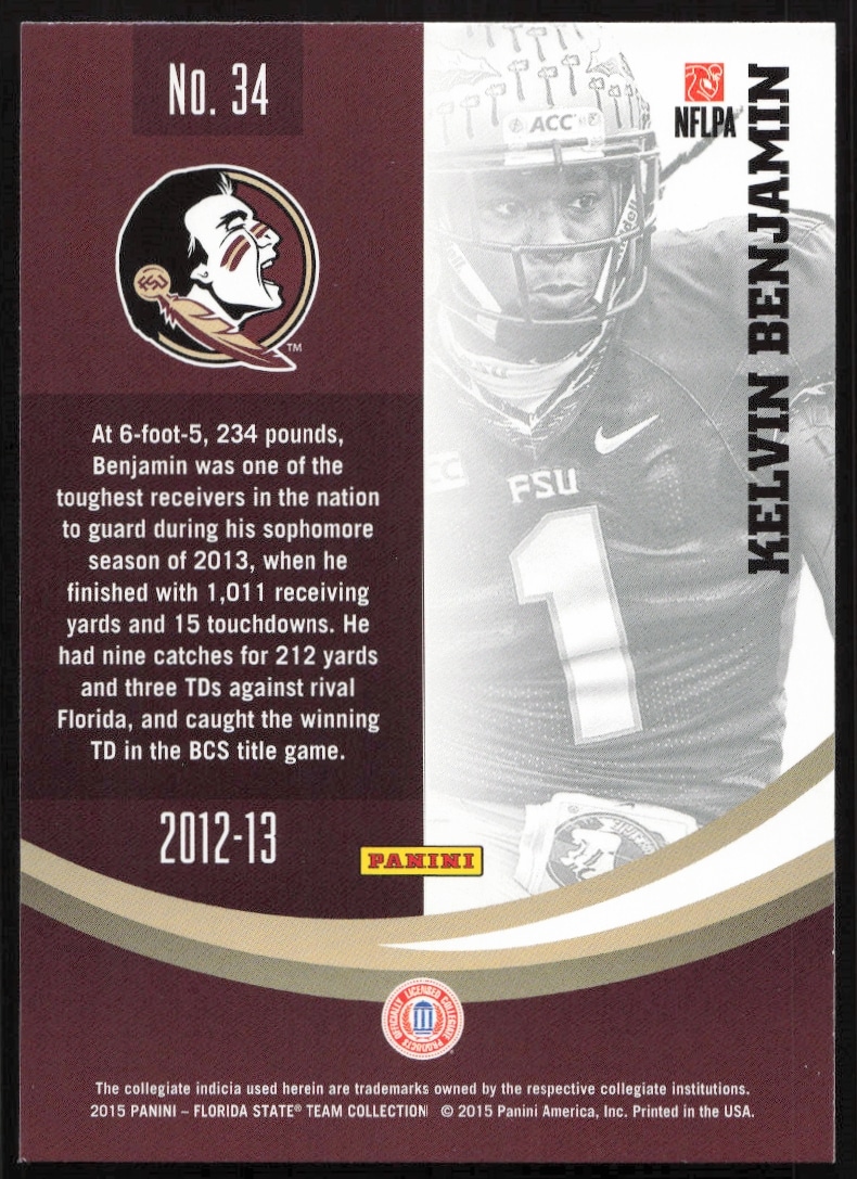 Back of 2015 Panini card featuring Kelvin Benjamin in Florida State Seminoles uniform, details included.