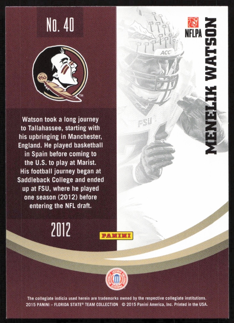 2015 Florida State Menelik Watson football card back with stats and career highlights.