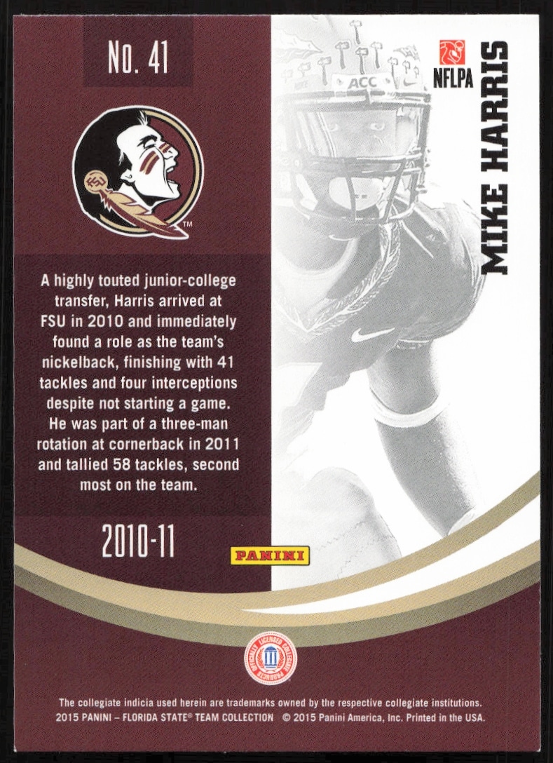 Back of 2015 Panini trading card for Florida States Mike Harris #41, showcasing stats and bio.