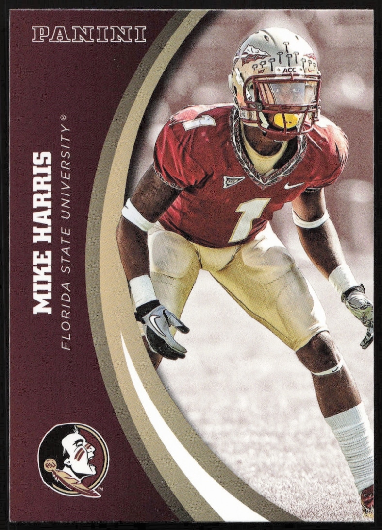 2015 Panini card featuring Mike Harris of FSU, showcasing dynamic play in Seminoles uniform.