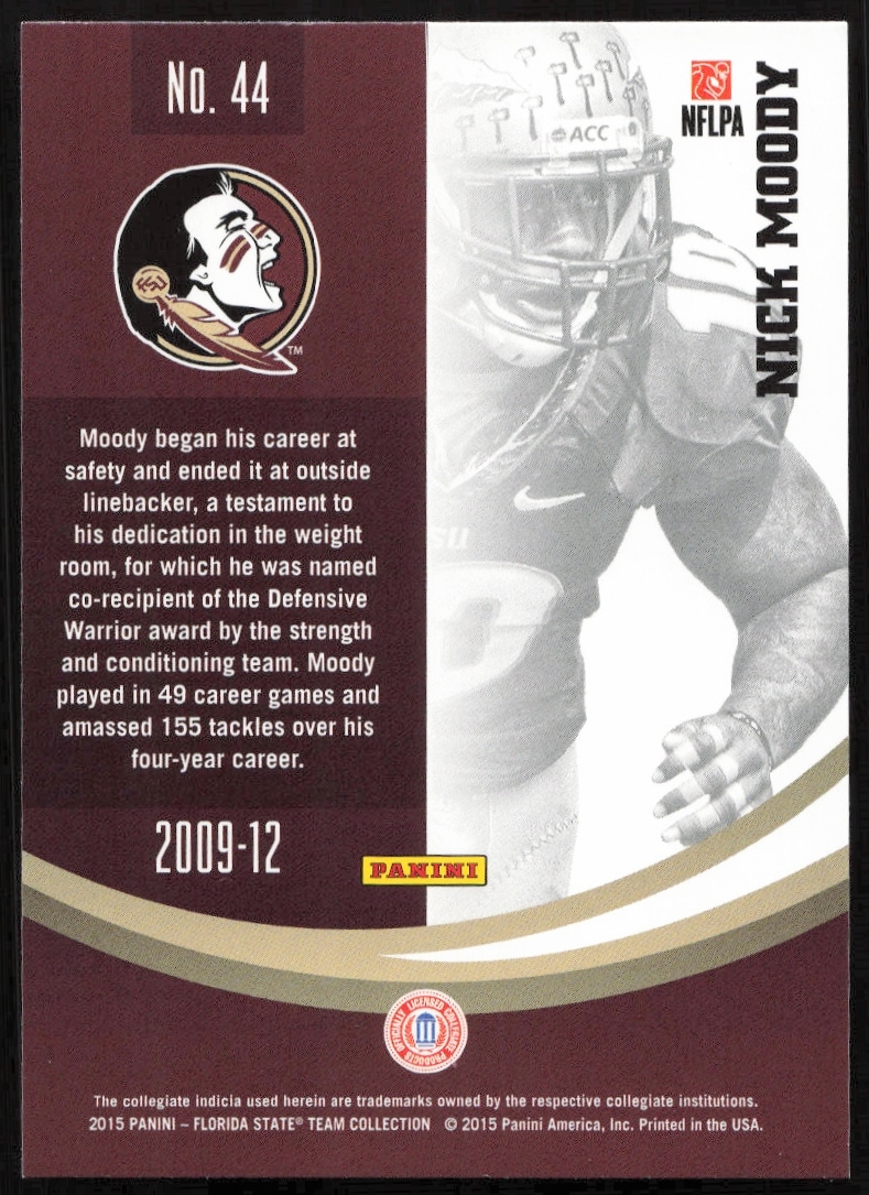 2015 Panini Nick Moody Florida State Seminoles card back with stats and profile.