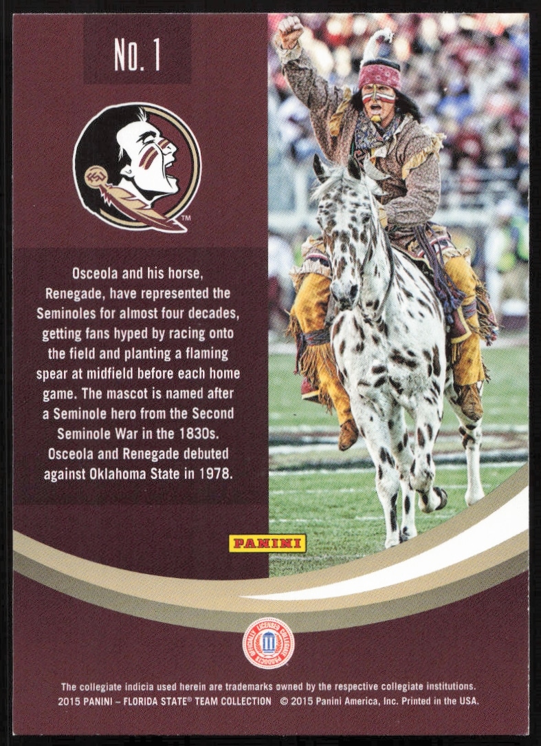 Back of 2015 Panini card featuring FSU Seminoles mascot Osceola, with artwork and stats.