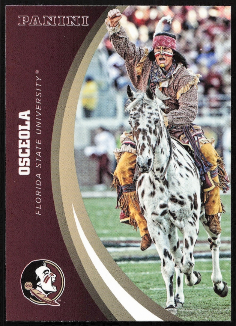 2015 Panini FSU Seminoles card featuring Osceola mascot, card #1 front view.
