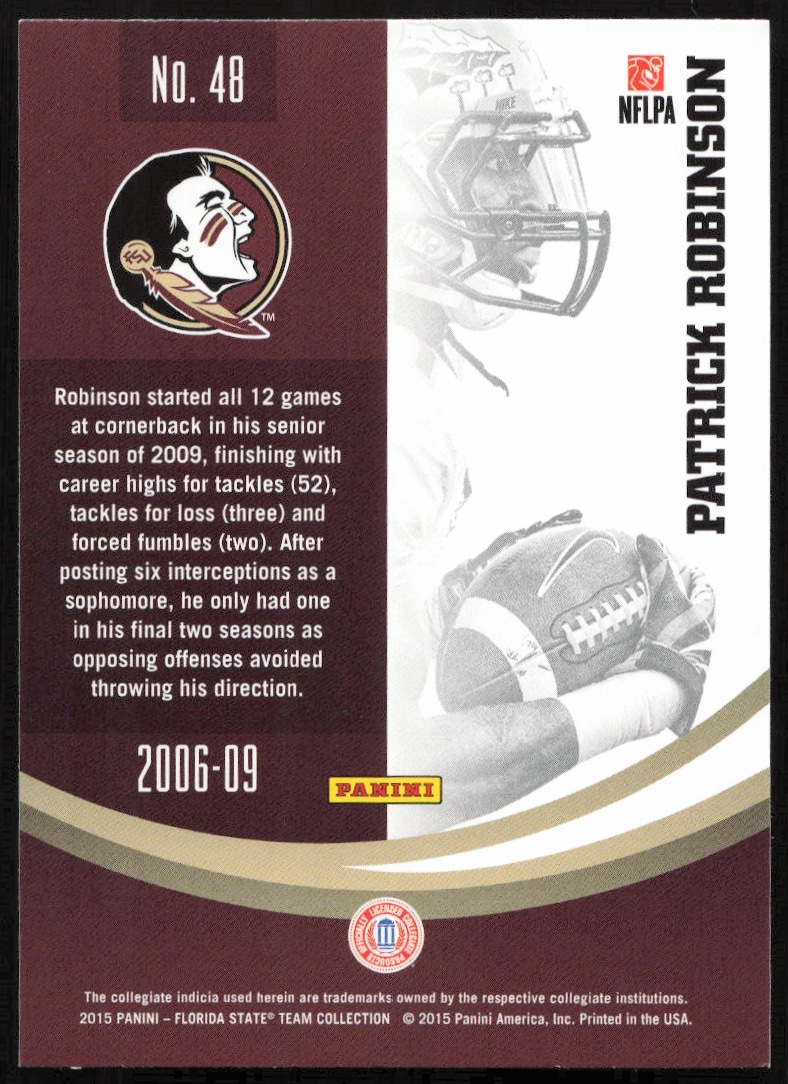 2015 Panini card back: Patrick Robinson, FSU, #48, stats and achievements.