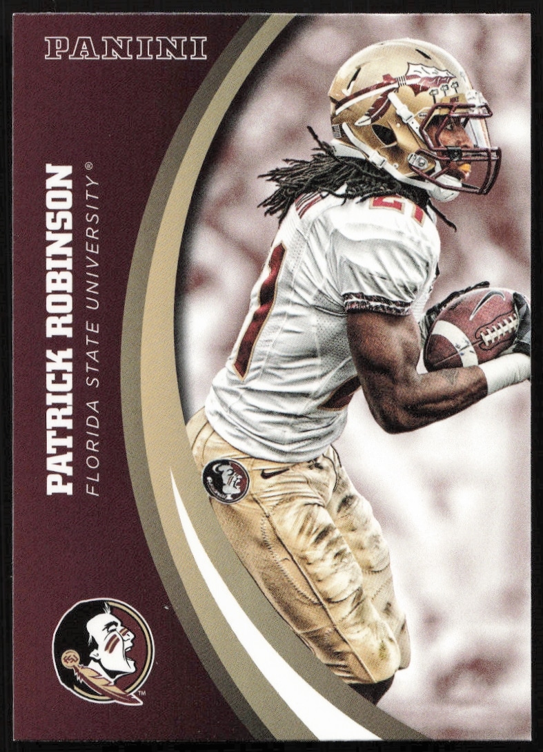 2015 Patrick Robinson Panini card #48, Florida State Seminoles, action pose, front view.